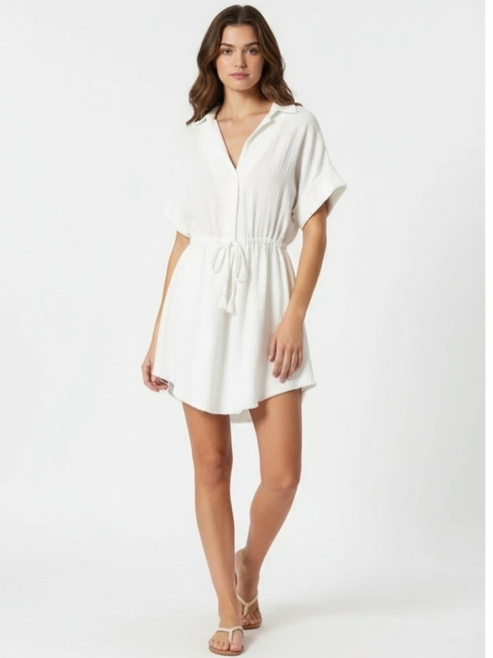 Aakaa Dress Womens Small
White Tie Waist Pullover Fraved Hem Casual Boho